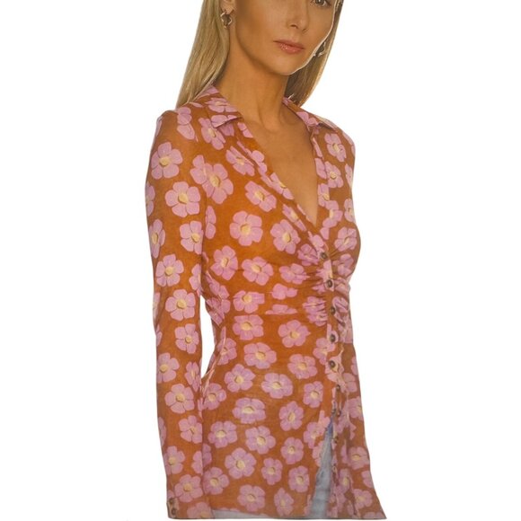 Free People Womens Lucky Shirtee Floral Long Sleeve Blouse Medium Rust/Purple - Picture 2 of 9